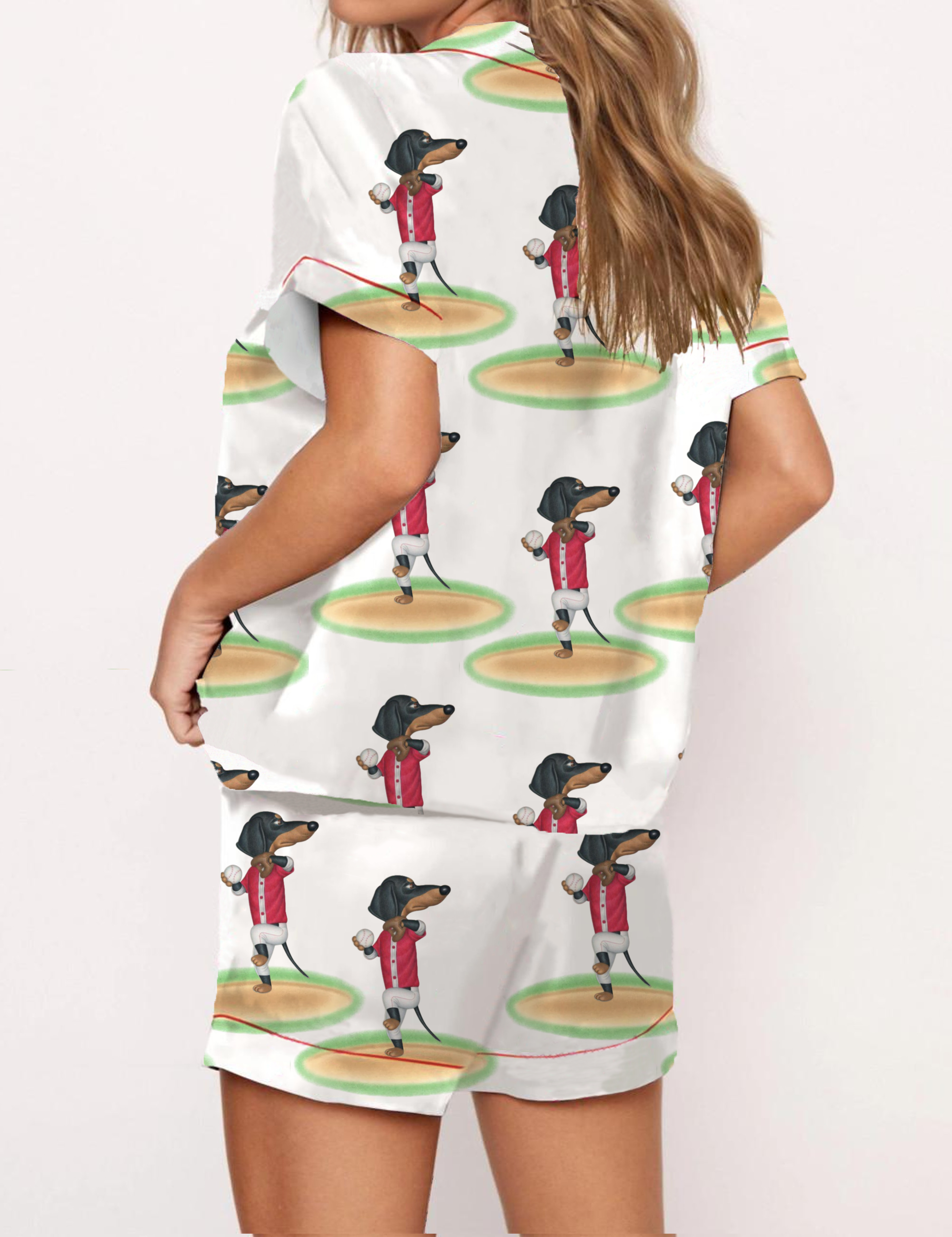 Dachshund Baseball Silky Satin Pajama Short Set For Women