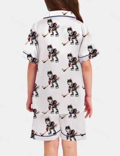 Siberian Husky Ice Hockey Kid's Short Sleeve  Silky Satin Pajama Set 