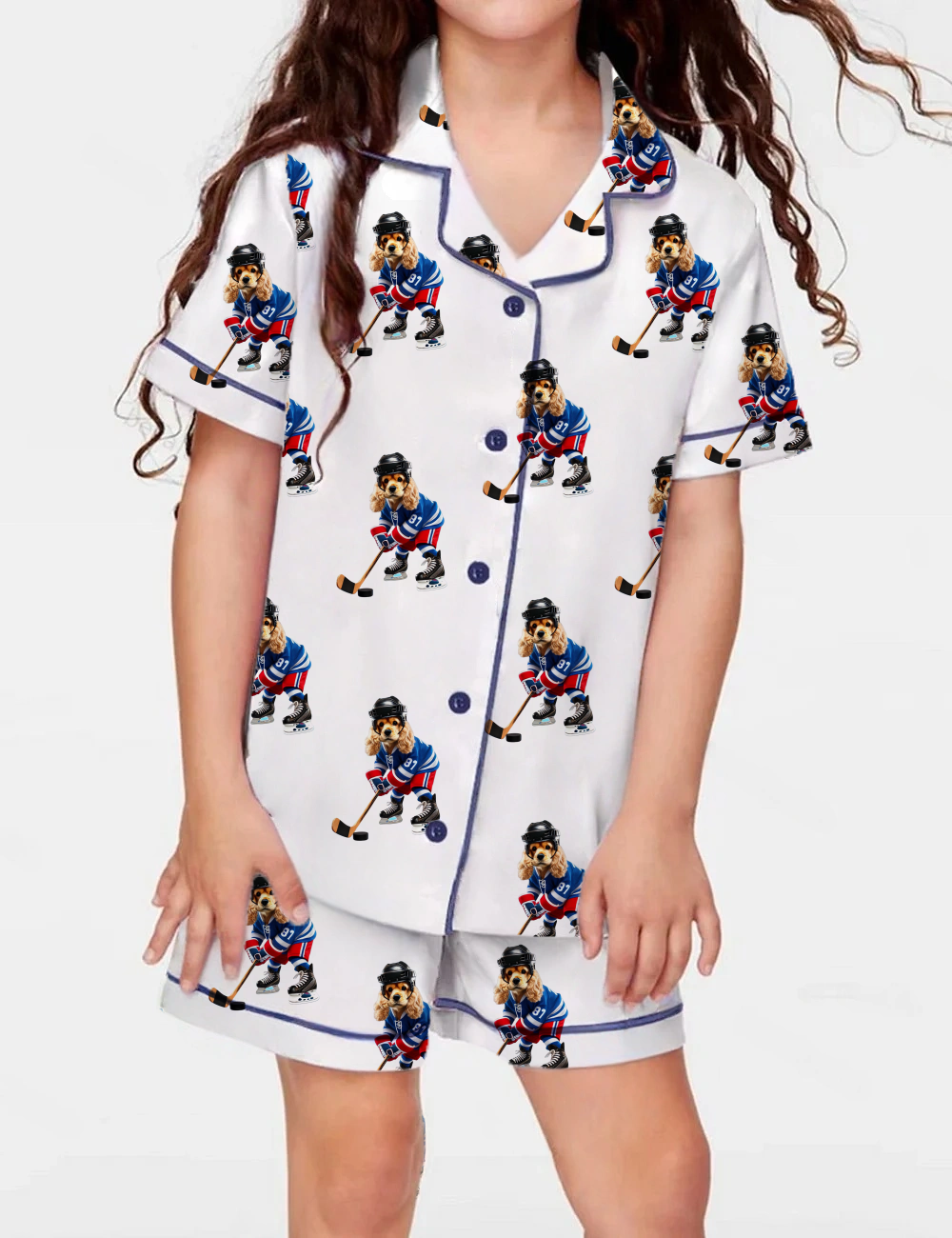 American Cocker Spaniel Ice Hockey Kid's Short Sleeve  Silky Satin Pajama Set 