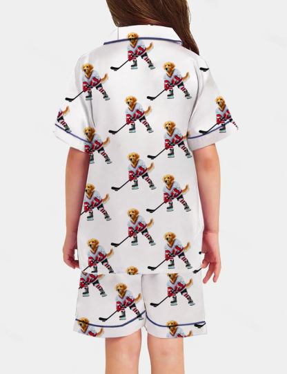Golden Retriever Ice Hockey Kid's Short Sleeve  Silky Satin Pajama Set 