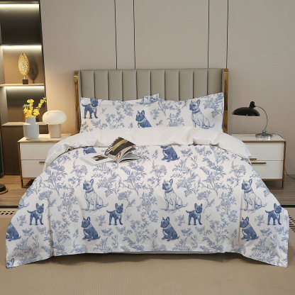 French Bulldogs Toile 100% Cotton Duvet Cover Set  King Twin Comforter Queen Bedding for Guest Room Toile de Jouy with Hidden Zipper Closure 3Pcs