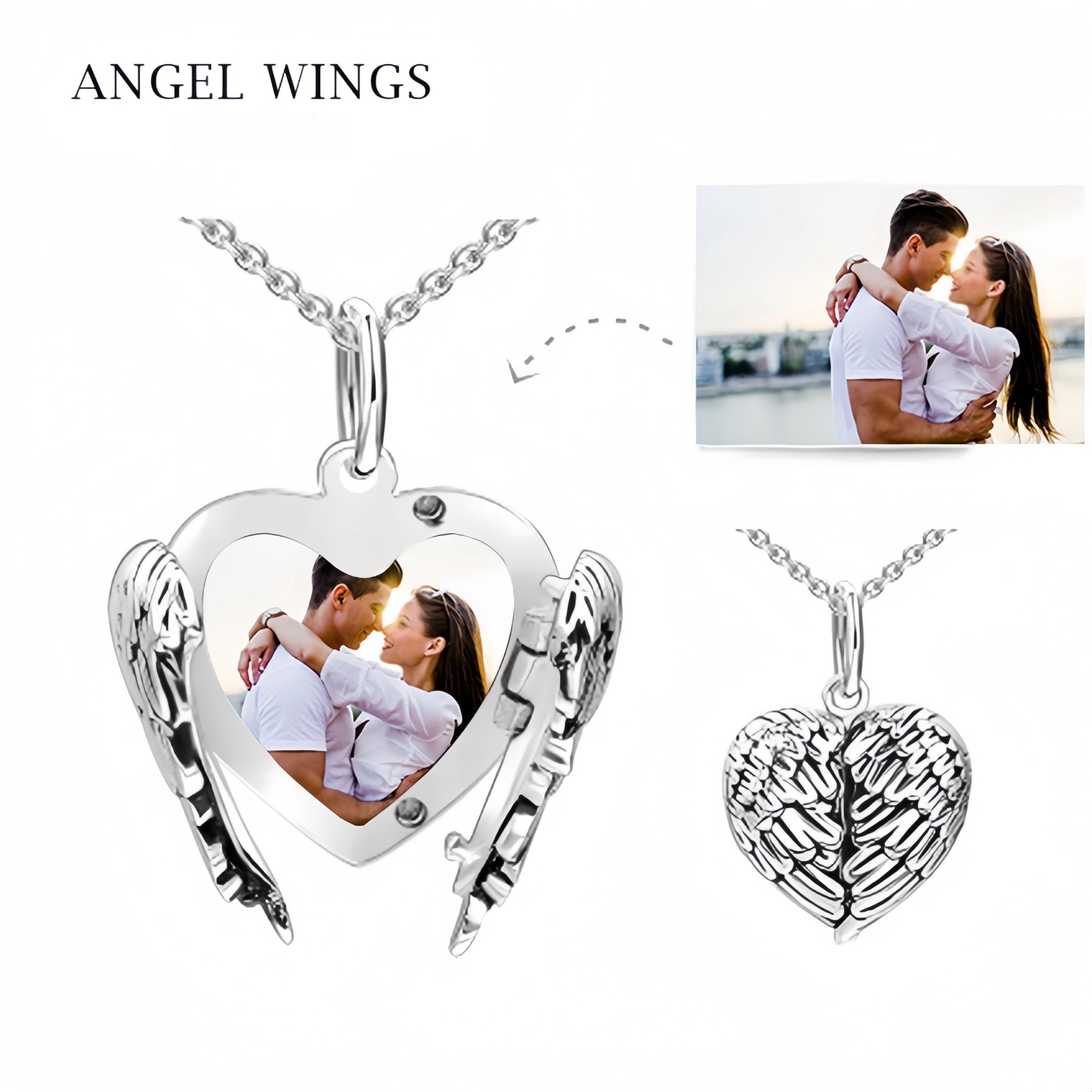 Engraved Angel Wings Heart Photo Locket Sterling Silver Necklace