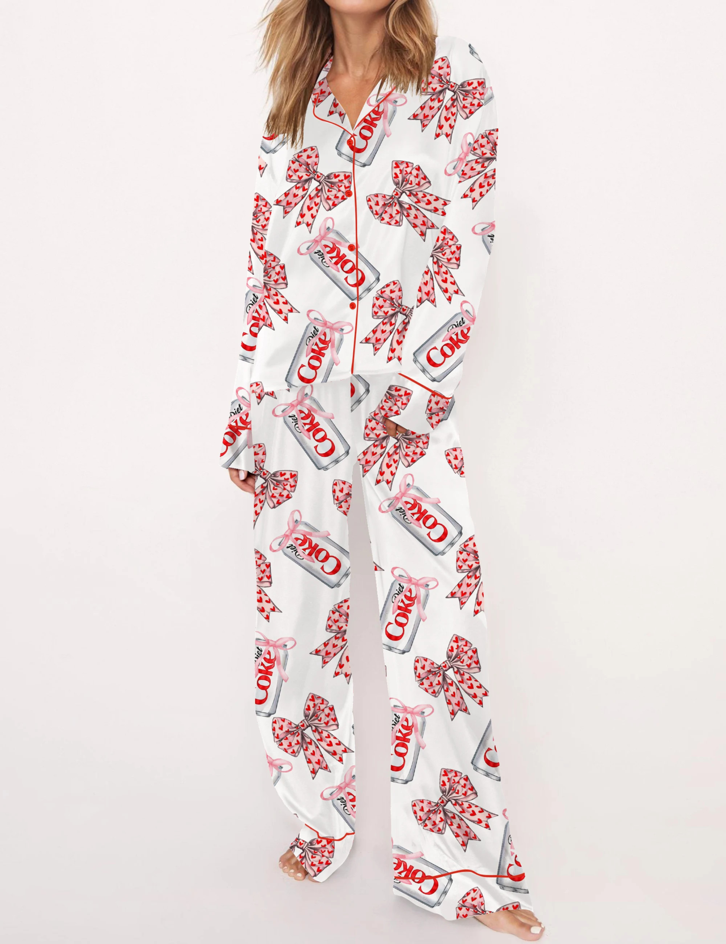 Diet Drinks Pink Bow Coquette Satin Pajama Set For Women