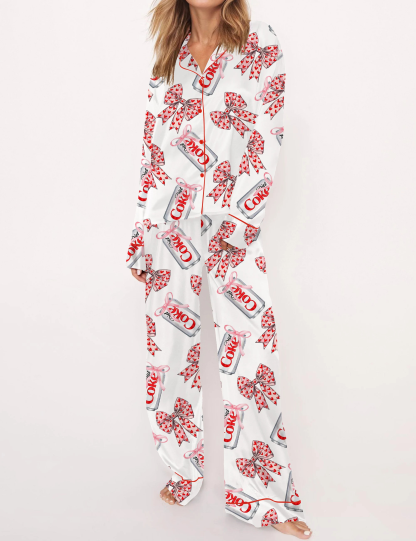 Diet Drinks Pink Bow Coquette Satin Pajama Set For Women