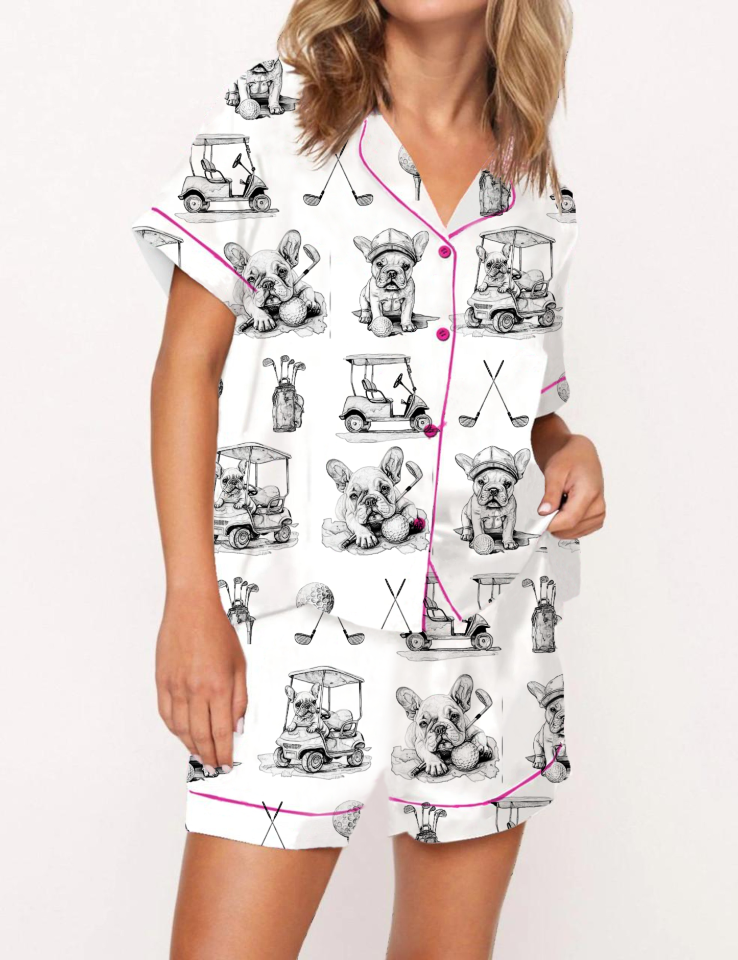 Golf French Bulldogs Toile Silky Satin Pajama Set For Women