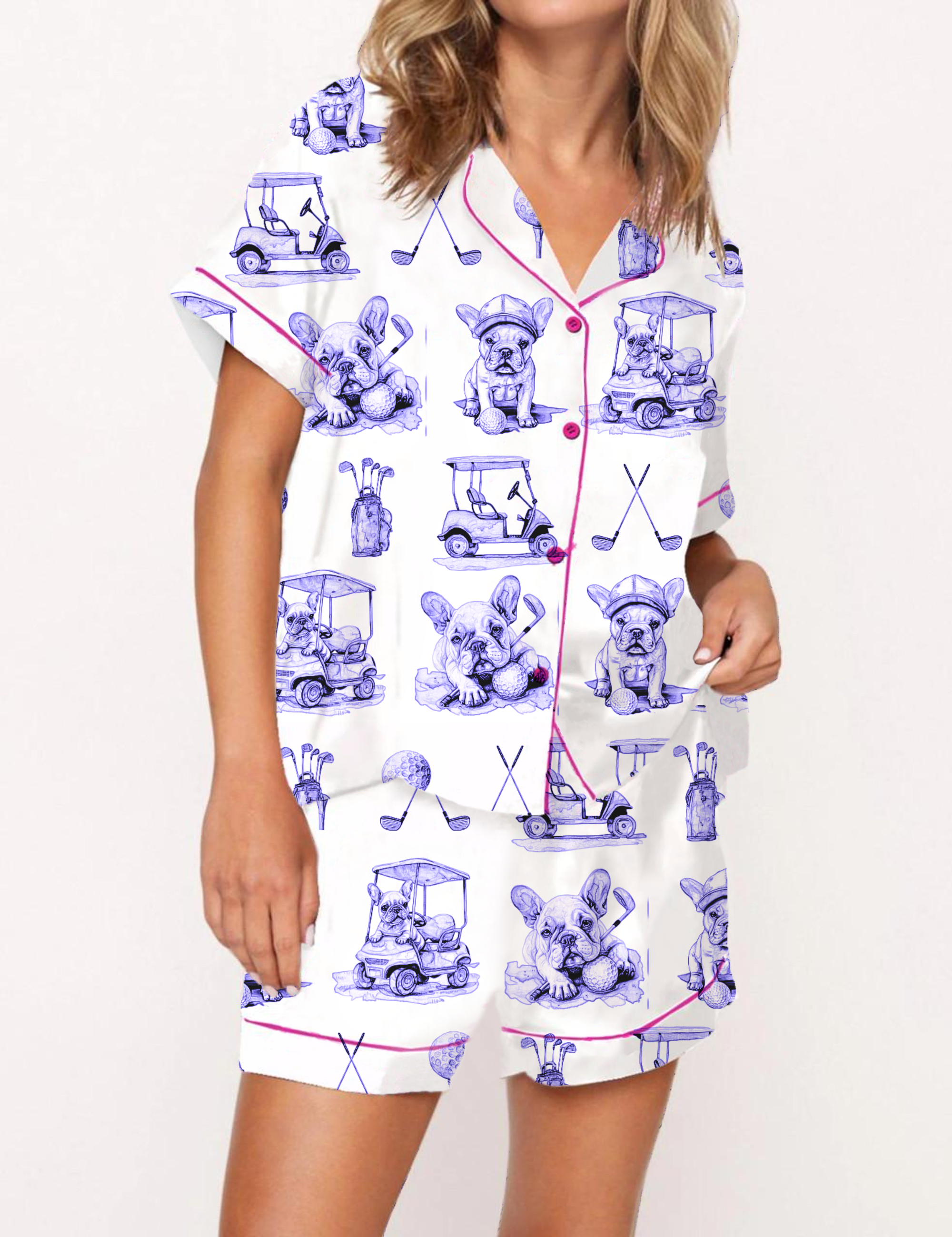 Golf French Bulldogs Toile Silky Satin Pajama Set For Women