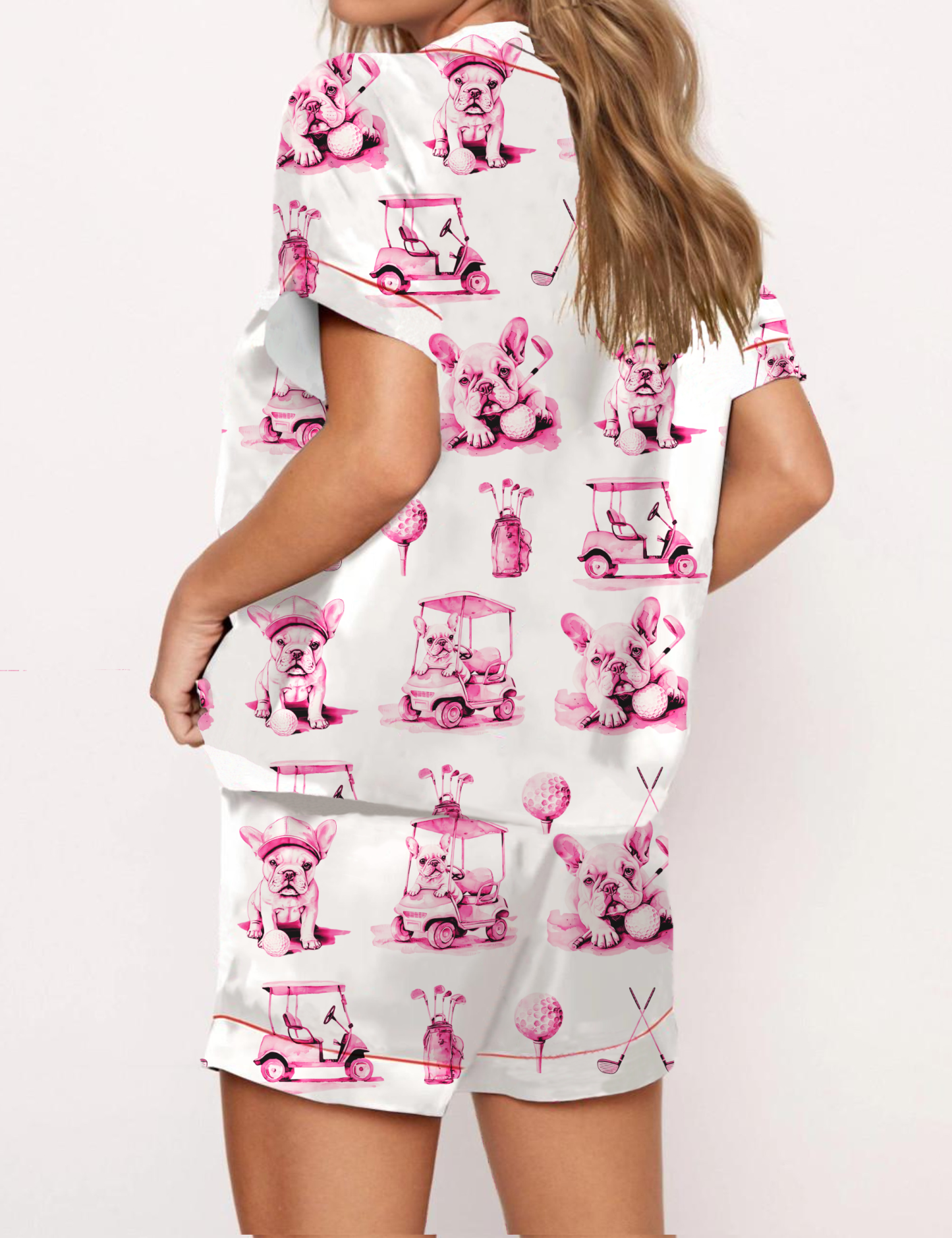 Golf French Bulldogs Toile Silky Satin Pajama Set For Women