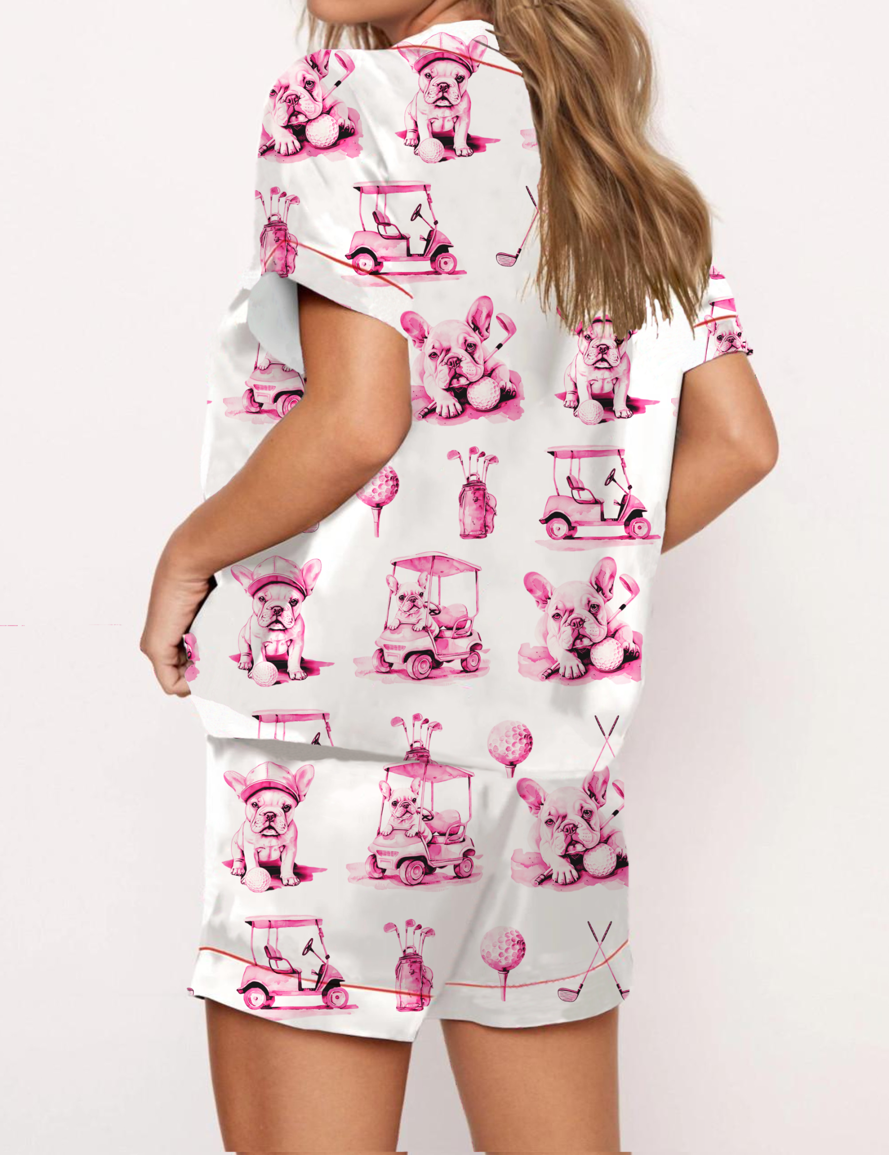 Golf French Bulldogs Toile Silky Satin Pajama Set For Women