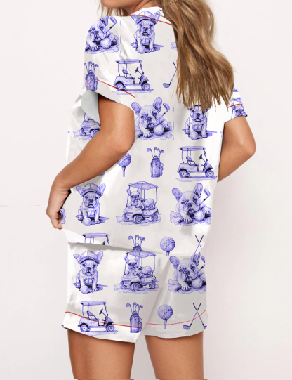 Golf French Bulldogs Toile Silky Satin Pajama Set For Women