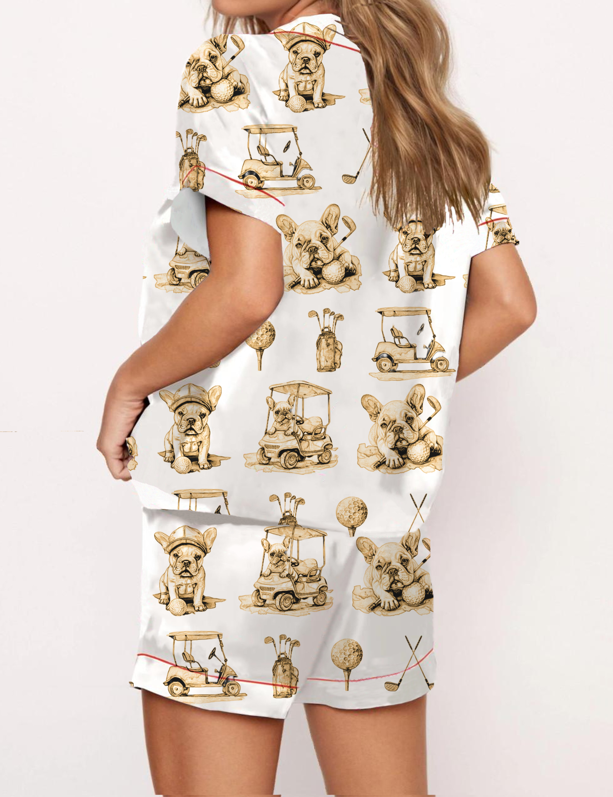 Golf French Bulldogs Toile Silky Satin Pajama Set For Women