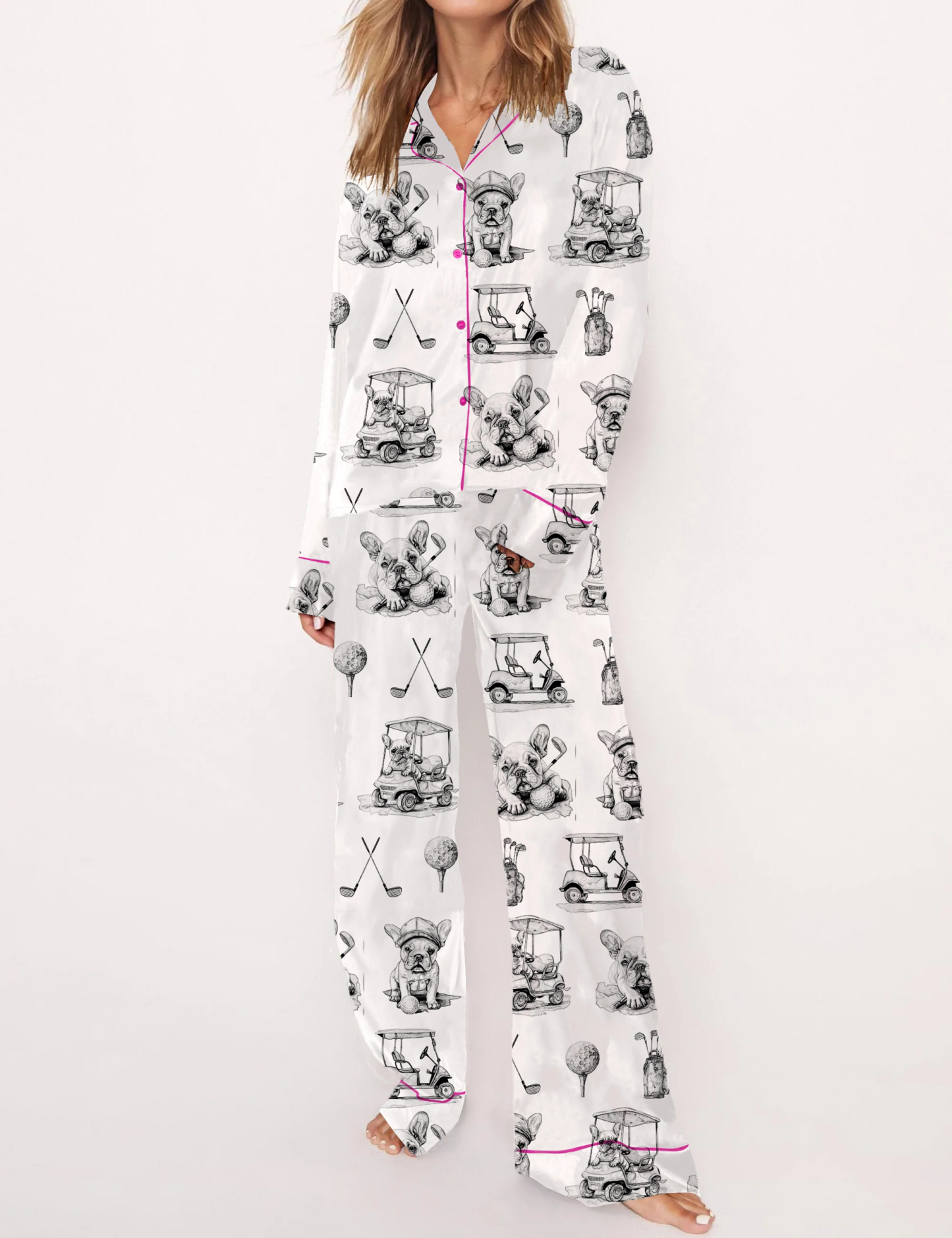 Golf French Bulldogs Toile Silky Satin Pajama Set For Women