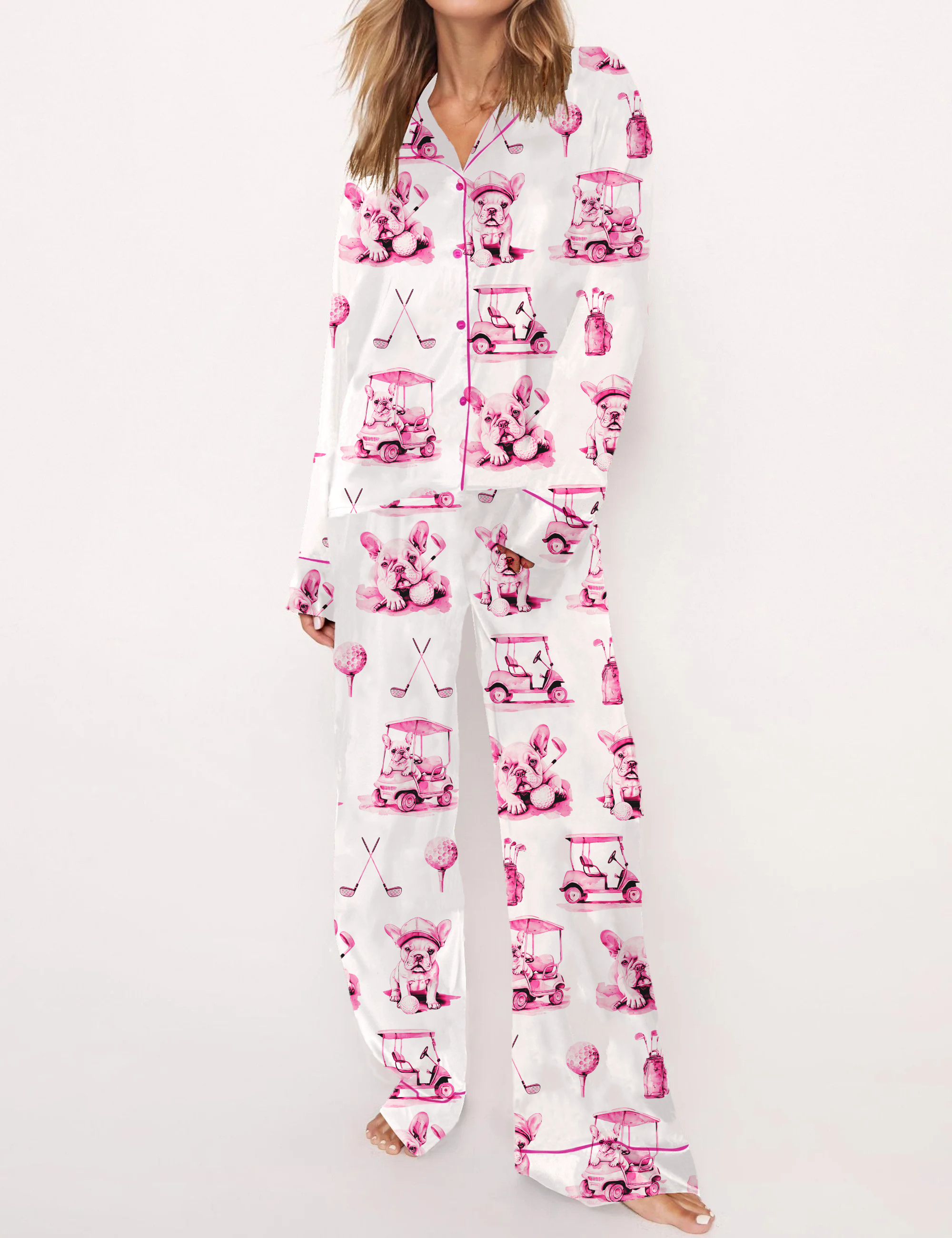 Golf French Bulldogs Toile Silky Satin Pajama Set For Women