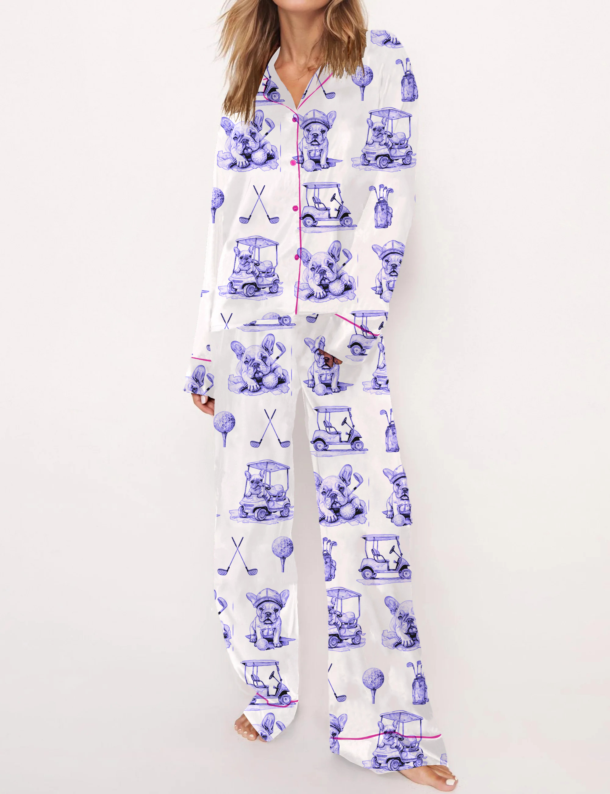 Golf French Bulldogs Toile Silky Satin Pajama Set For Women