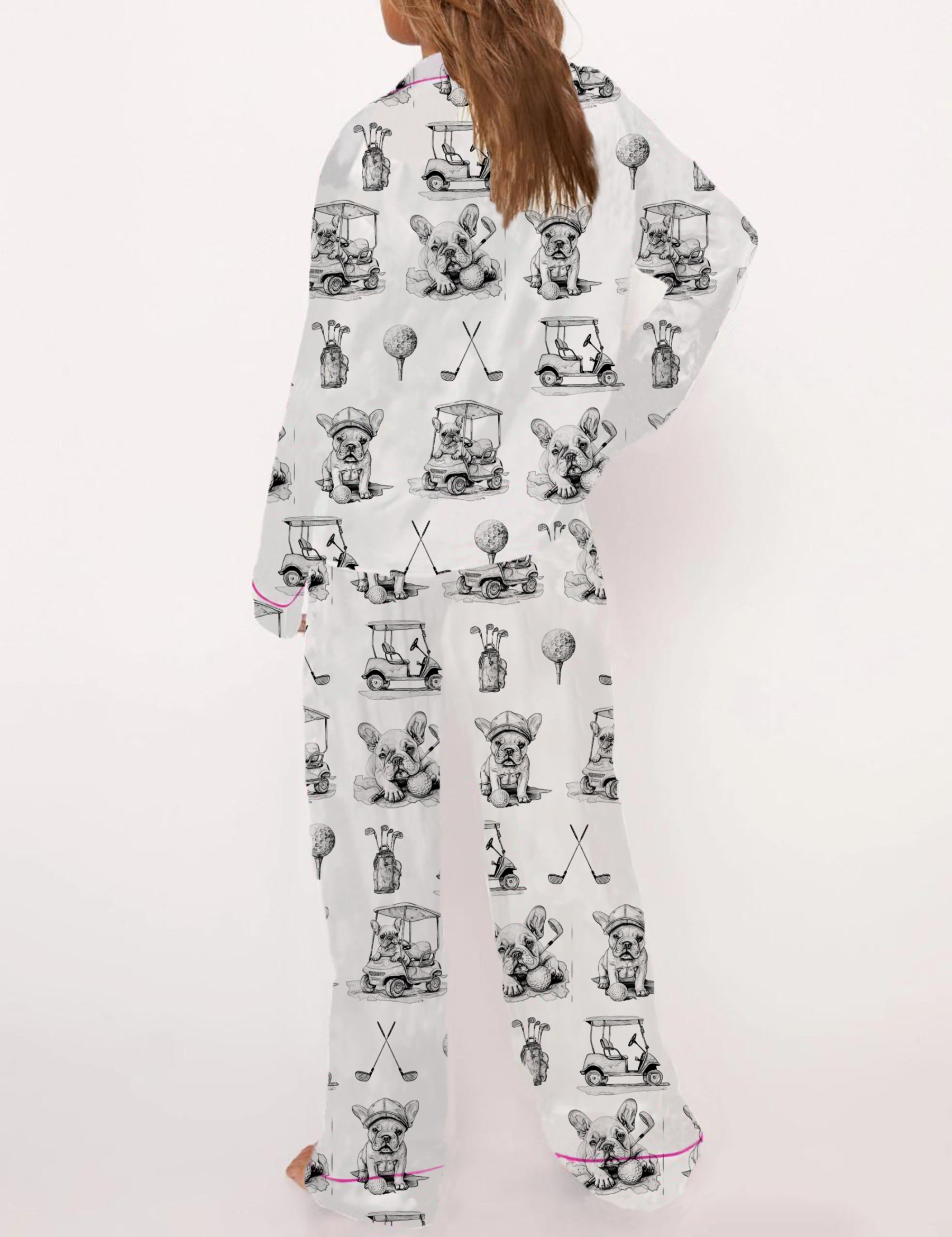 Golf French Bulldogs Toile Silky Satin Pajama Set For Women