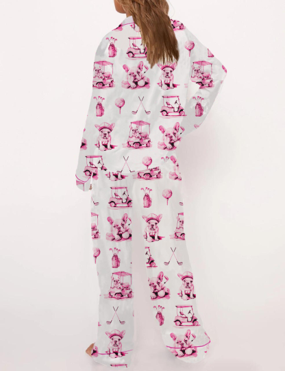 Golf French Bulldogs Toile Silky Satin Pajama Set For Women