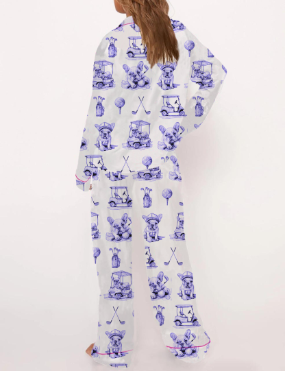 Golf French Bulldogs Toile Silky Satin Pajama Set For Women