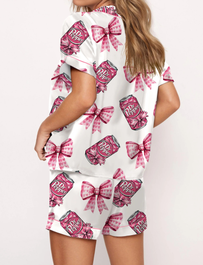 Pink Coquette Pepper Drink Satin Pajama Set For Women