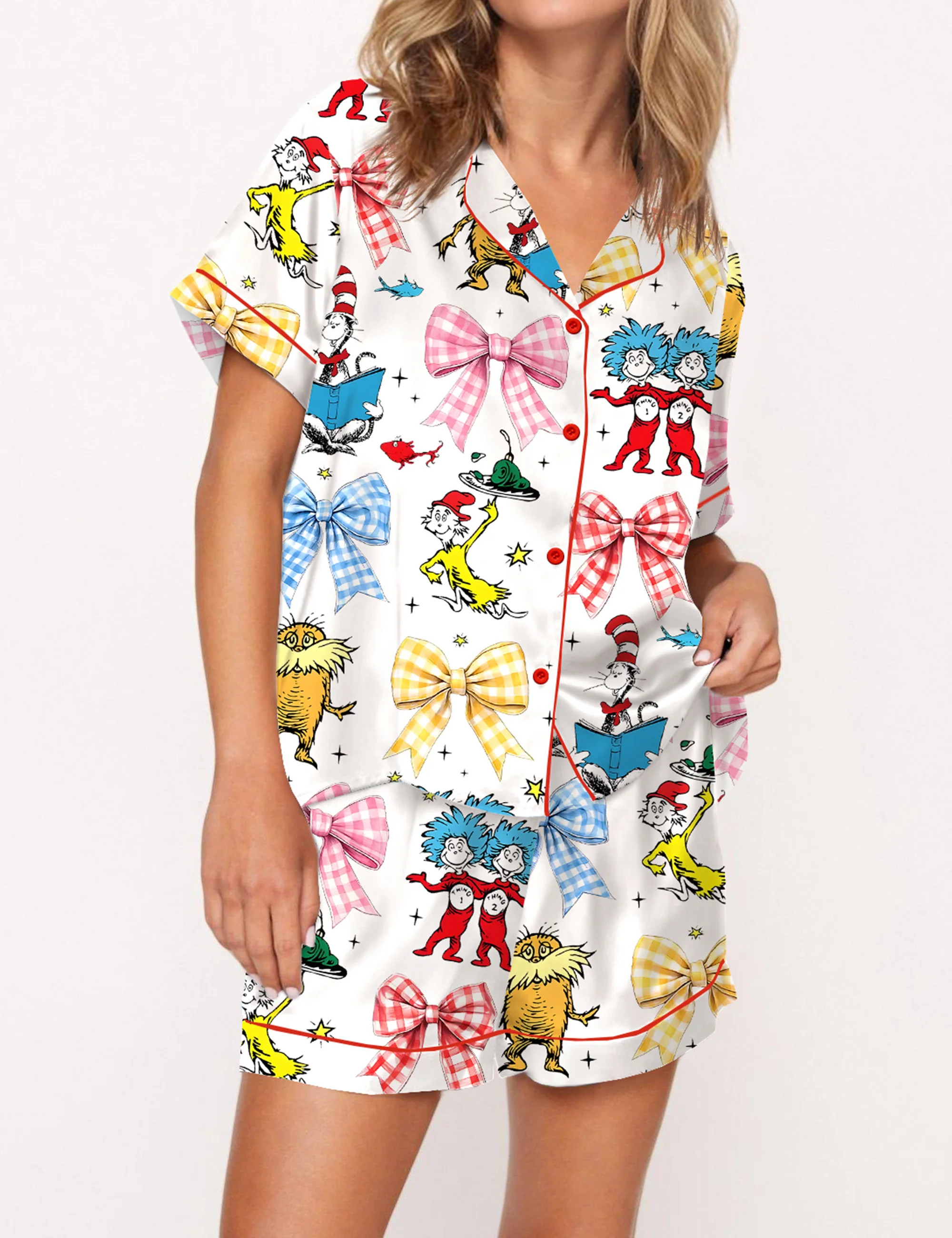 Coquette Cartoon Reading Satin Pajama Set For Women