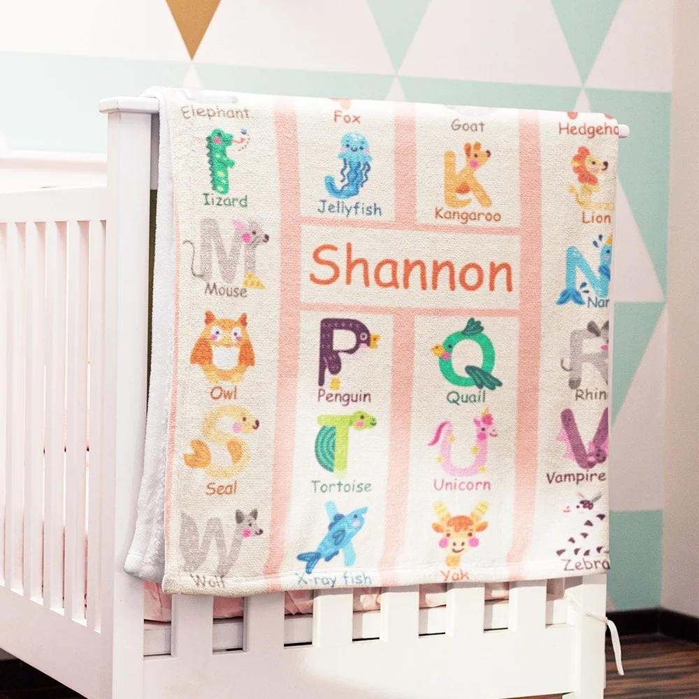 Personalized Zoo Alphabet Enlightenment Education Fleece Soft Blanket with Name Gift for Baby Kid