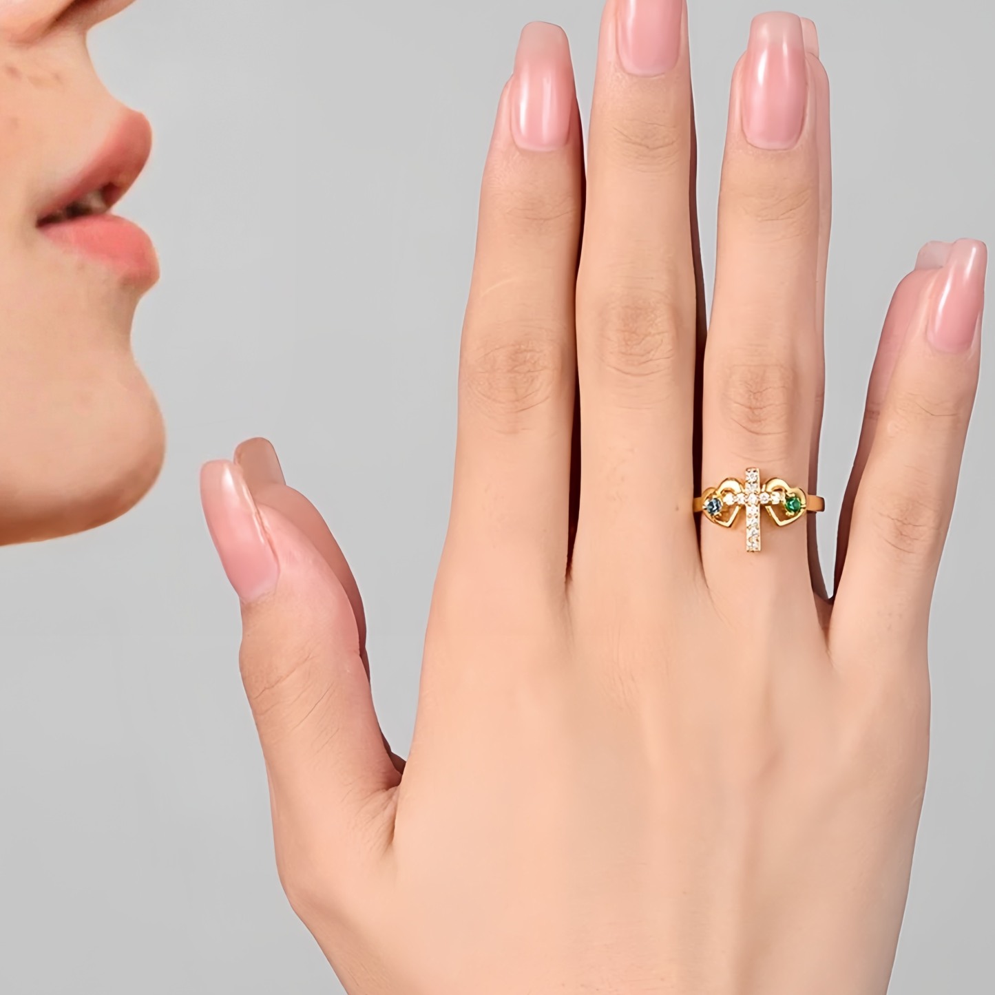 Personalized Double Heart Birthstone Cross Ring with Engraved Text Birthday Baptism Gift for Women
