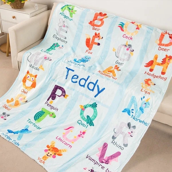 Personalized Zoo Alphabet Enlightenment Education Fleece Soft Blanket with Name Gift for Baby Kid