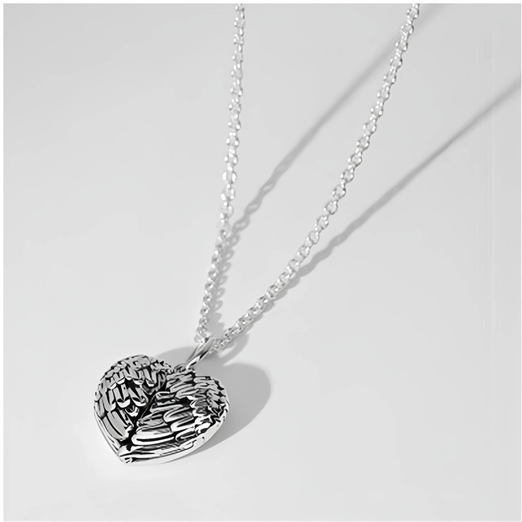 Engraved Angel Wings Heart Photo Locket Sterling Silver Necklace