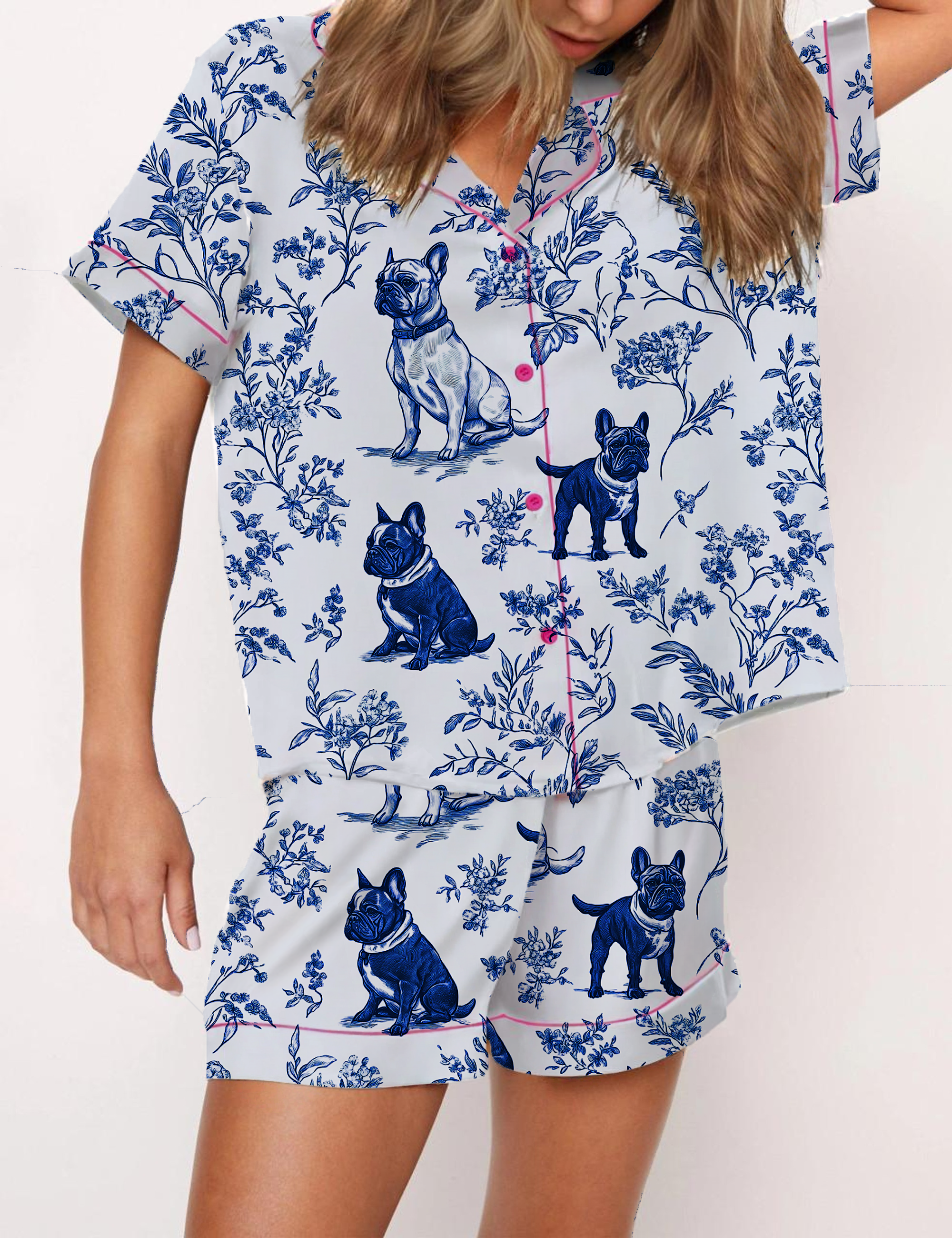 French Bulldogs Silky Satin Pajama Short Set For Women