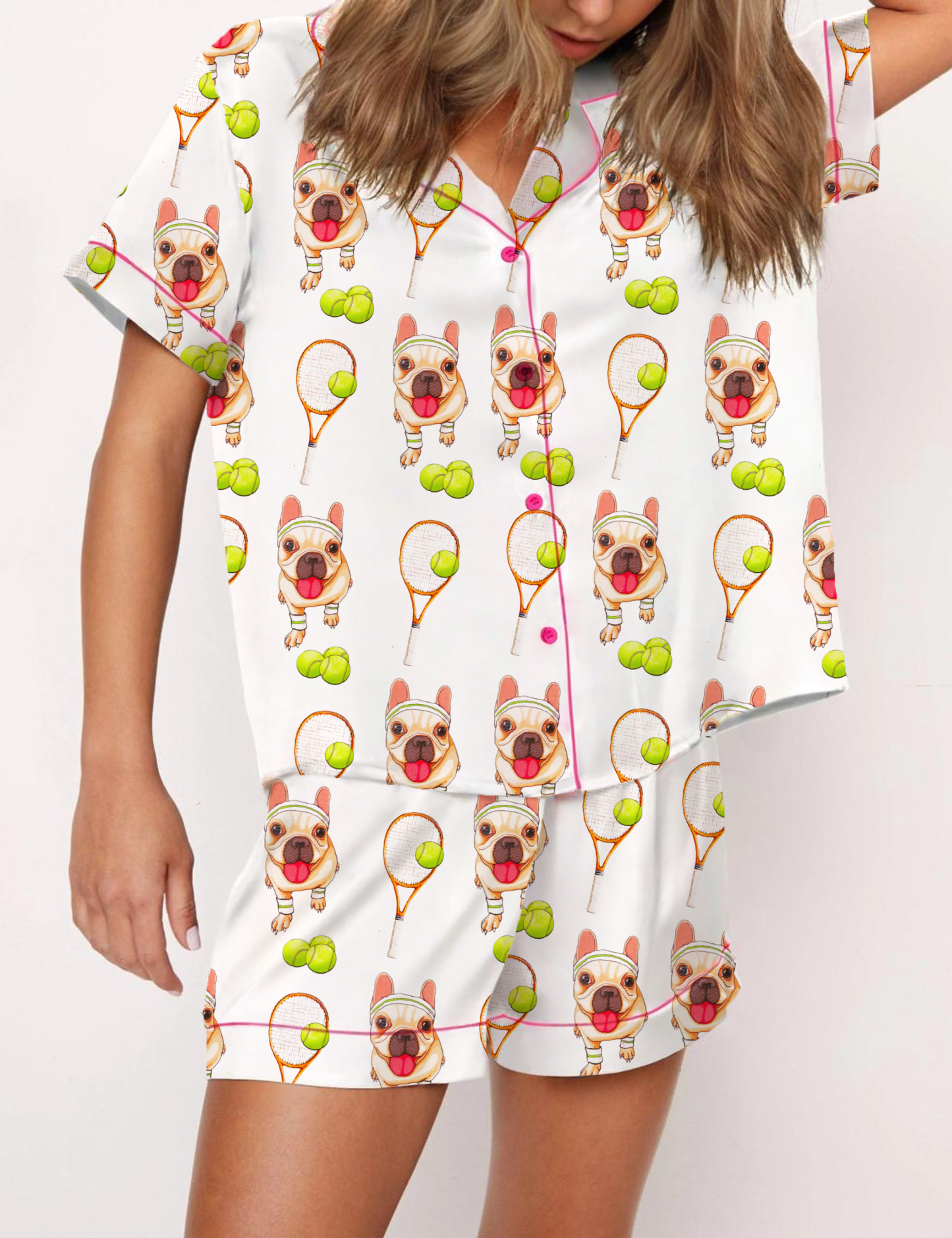 French Bulldogs Tennis Silky Satin Pajama Short Set For Women