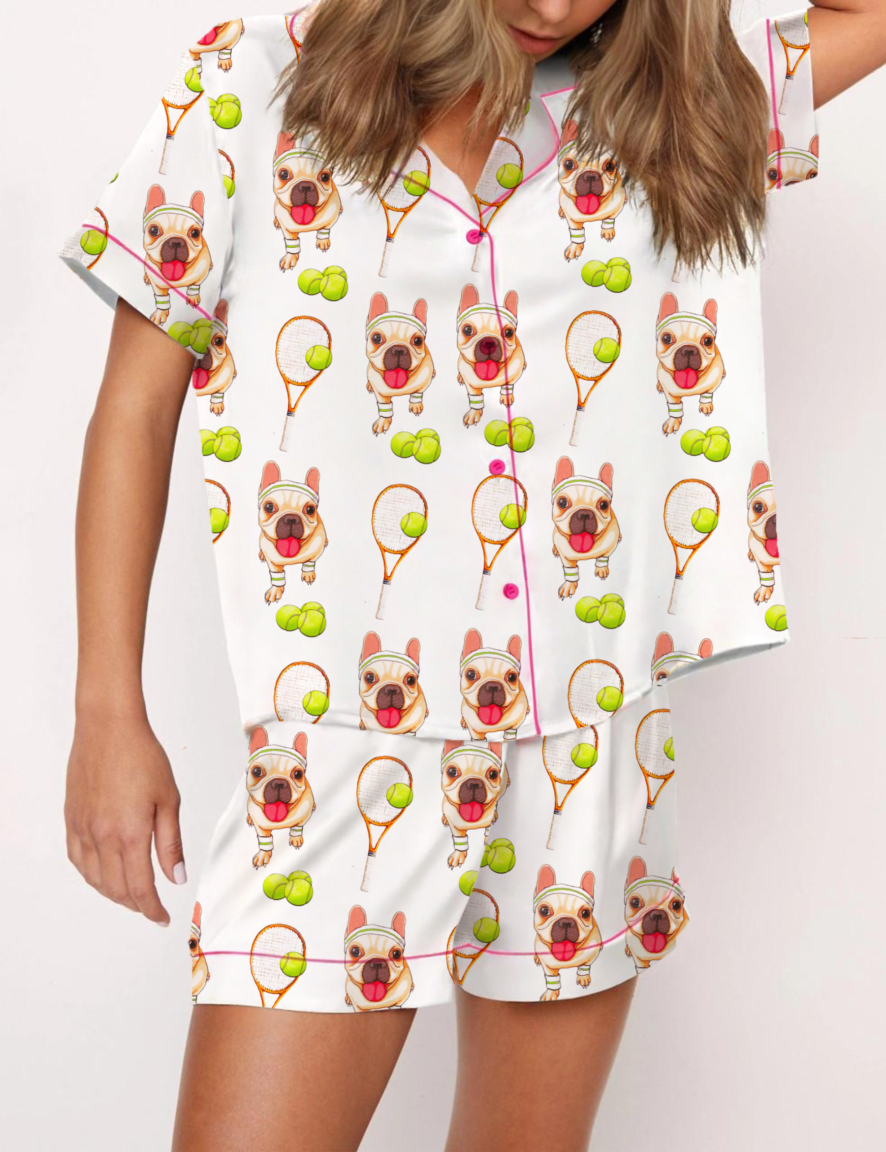 French Bulldogs Tennis Silky Satin Pajama Short Set For Women