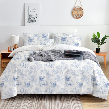 French Bulldogs Toile 100% Cotton Duvet Cover Set  King Twin Comforter Queen Bedding for Guest Room Toile de Jouy with Hidden Zipper Closure 3Pcs