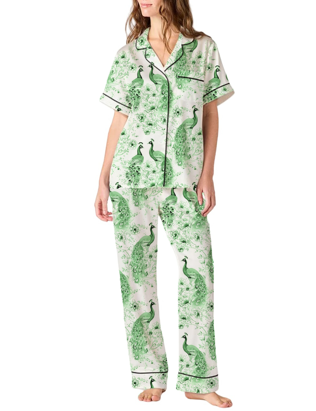 Peacock Toile Satin Pajama Pants Set For Women