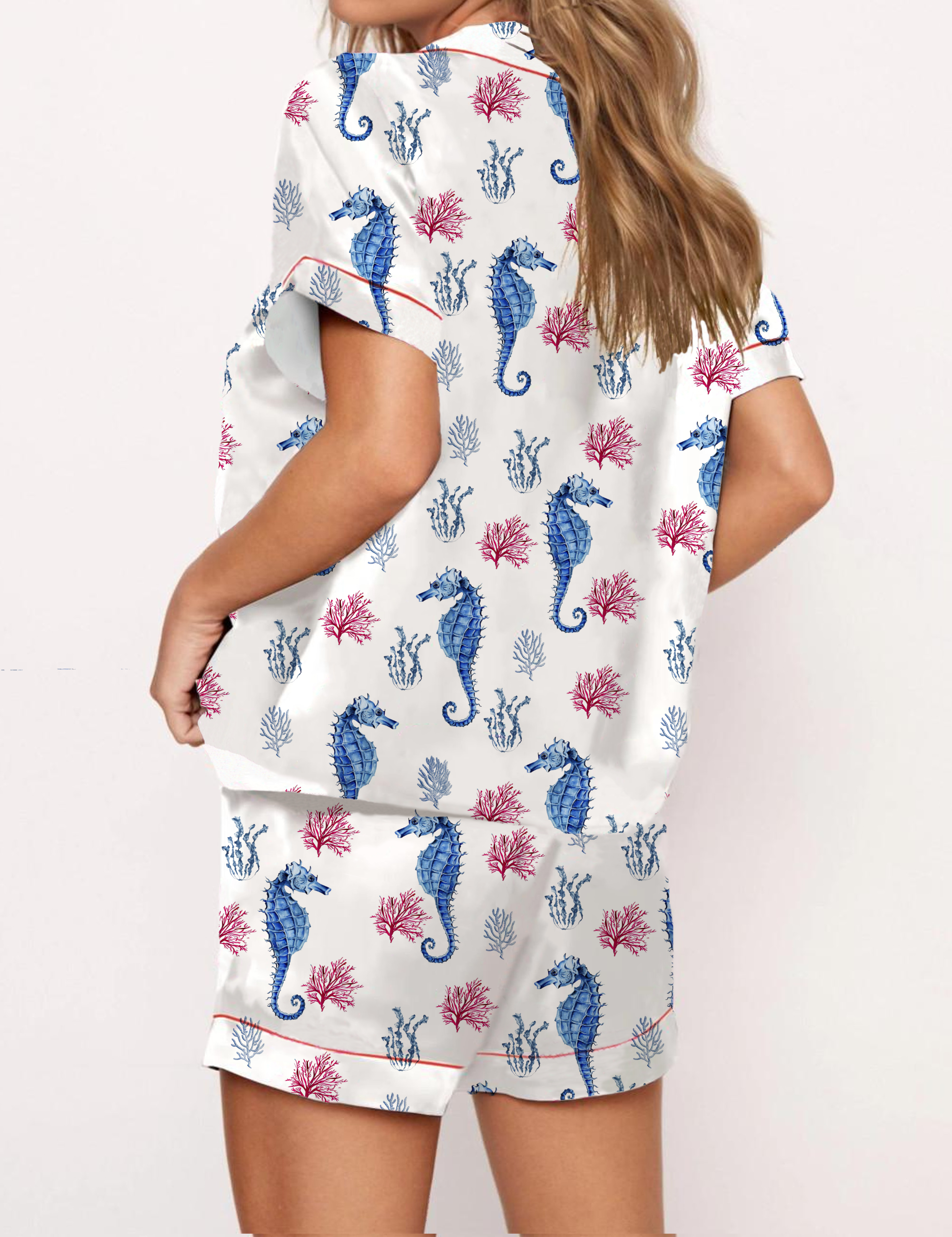 Seahorse Coral Silky Satin Pajama Short Set For Women