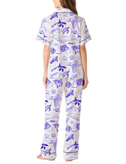 Marine Themed Satin Pajama Pants Set For Women