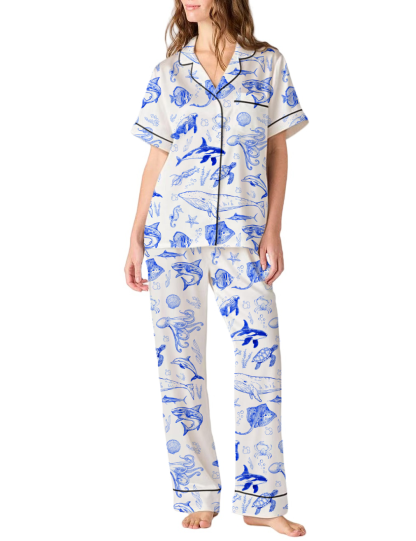 Marine Themed Satin Pajama Pants Set For Women