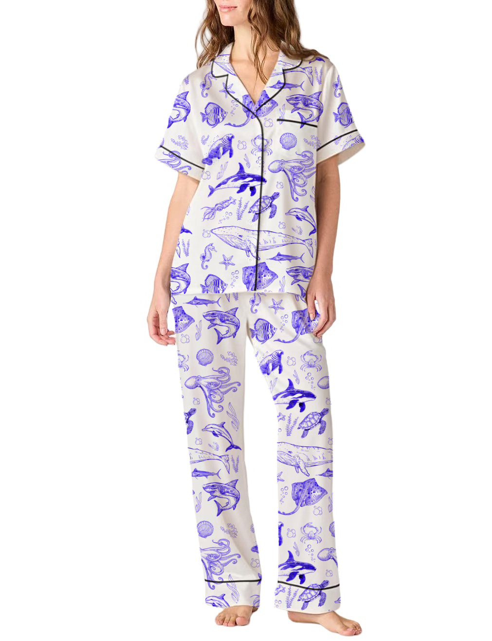 Marine Themed Satin Pajama Pants Set For Women