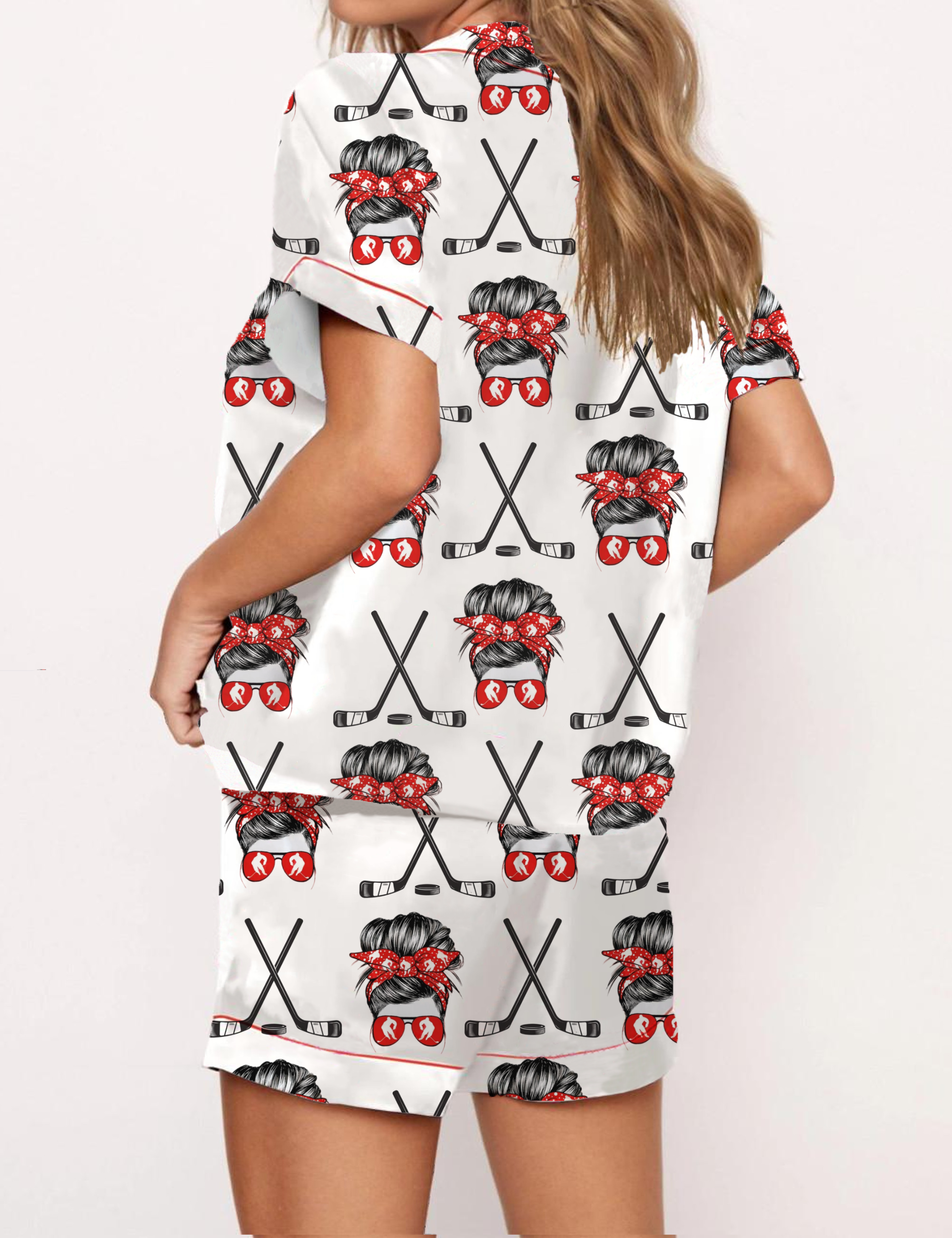 Girl Ice Hockey Silky Satin Pajama Short Set For Women