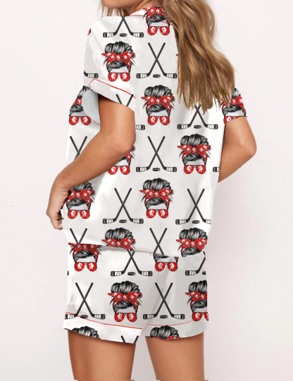 Girl Ice Hockey Silky Satin Pajama Short Set For Women