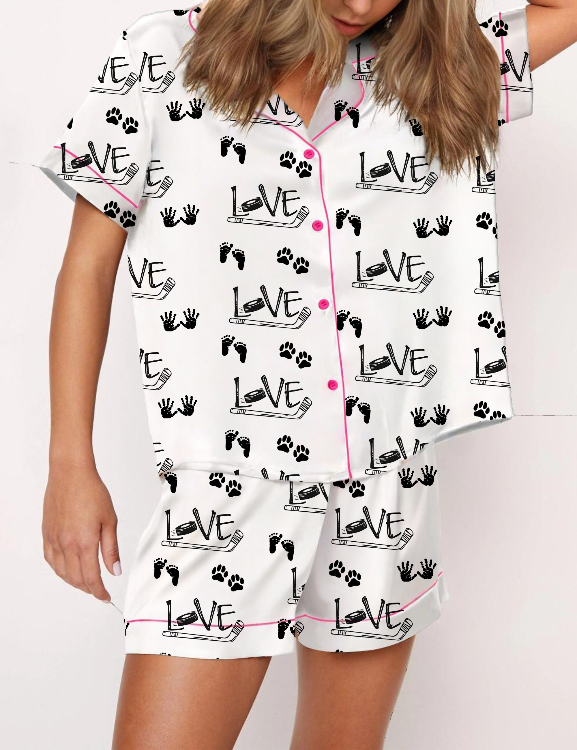 Love Ice Hockey Silky Satin Pajama Short Set For Women