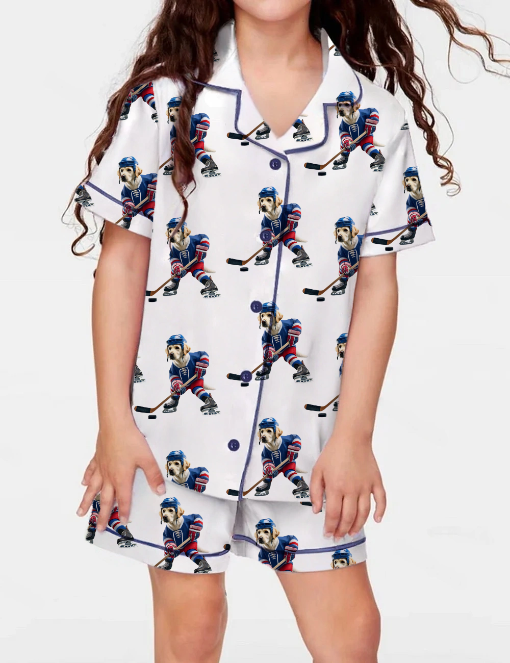 Golden Retriever Ice Hockey Kid's Short Sleeve  Silky Satin Pajama Set 