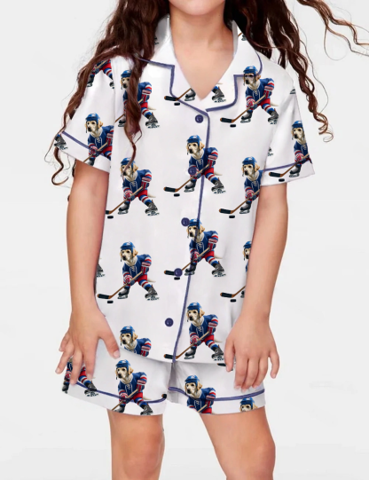 Golden Retriever Ice Hockey Kid's Short Sleeve  Silky Satin Pajama Set 