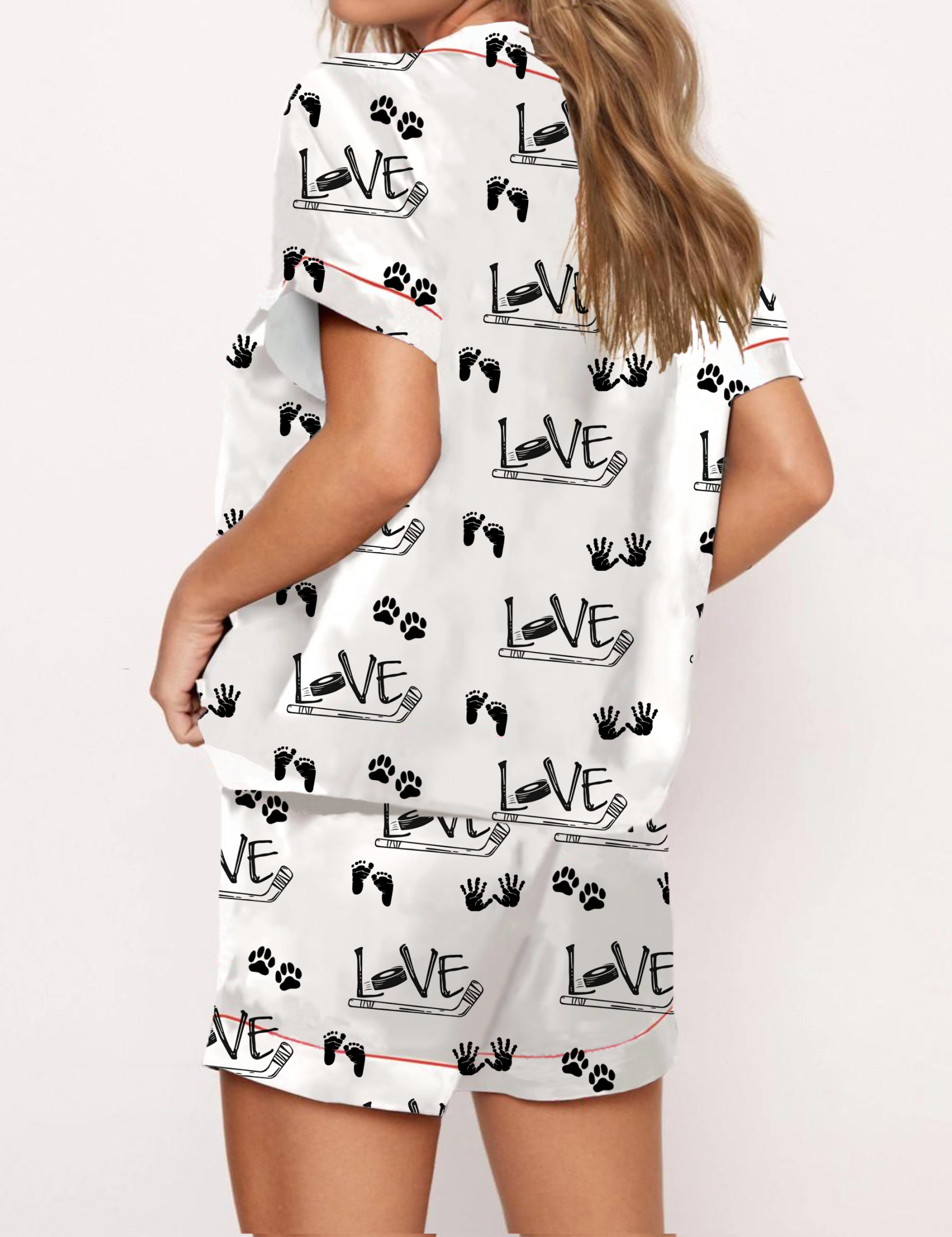 Love Ice Hockey Silky Satin Pajama Short Set For Women