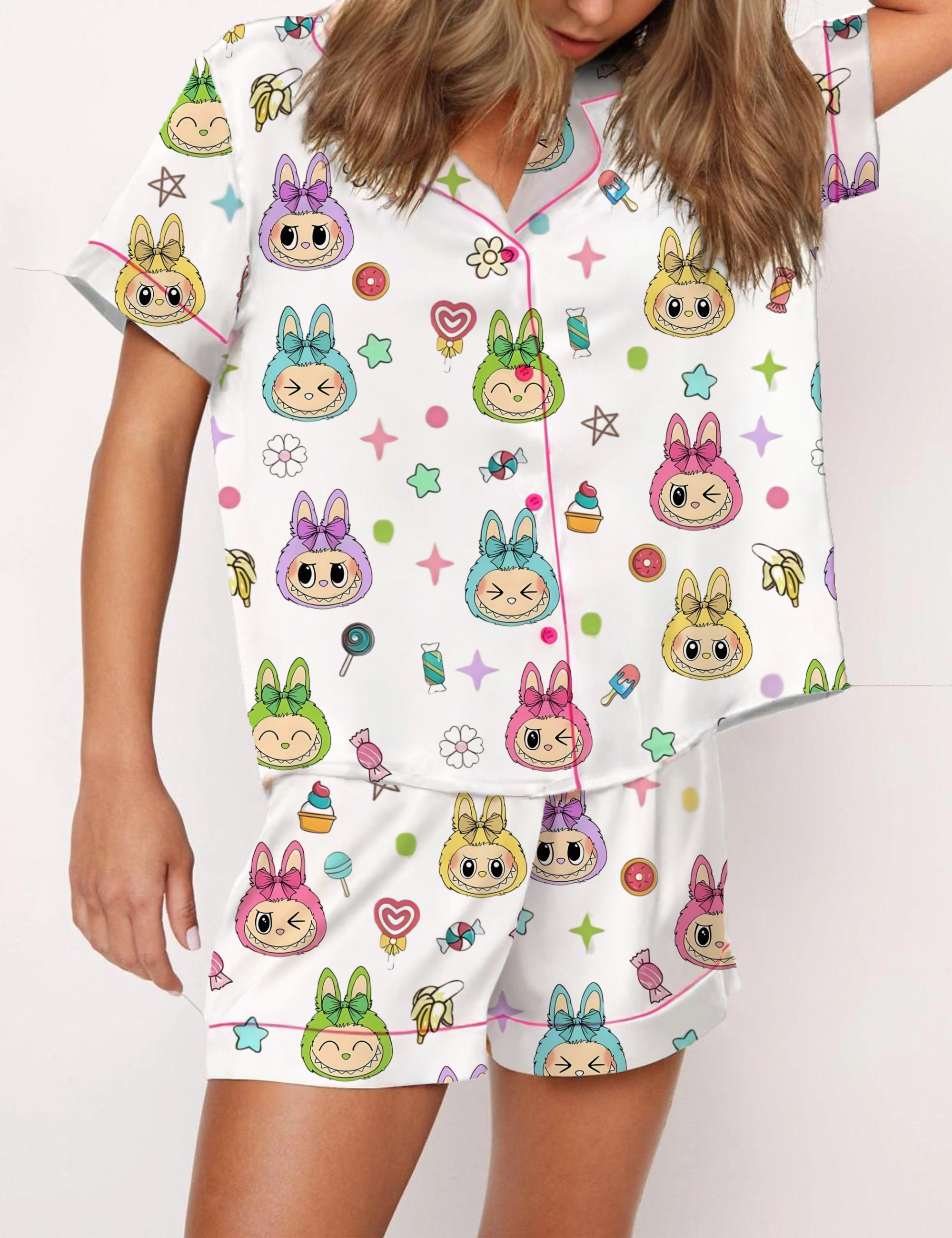 Trending Cute Monster Silky Satin Pajama Short Set For Women