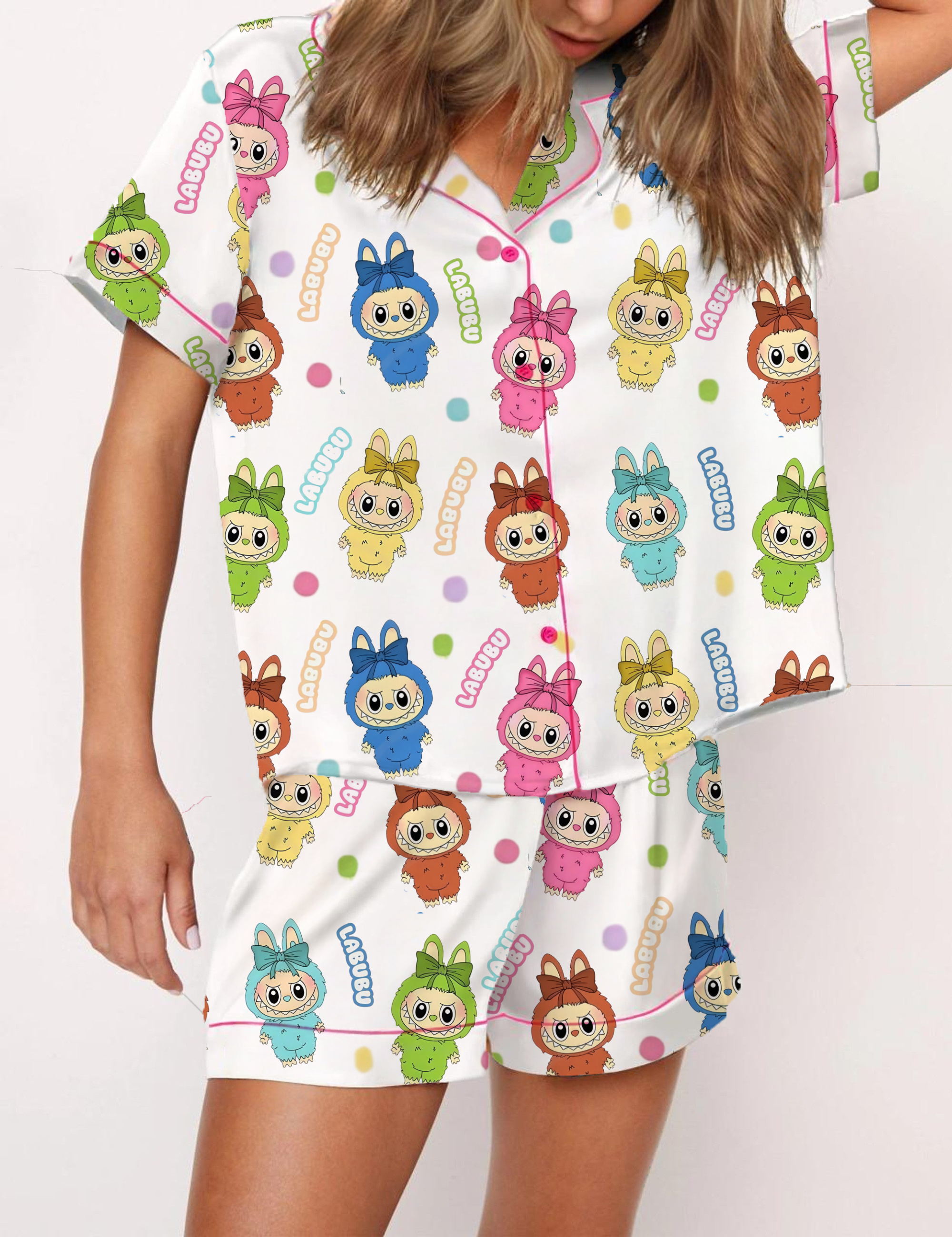 Trending Cute Monster Silky Satin Pajama Short Set For Women