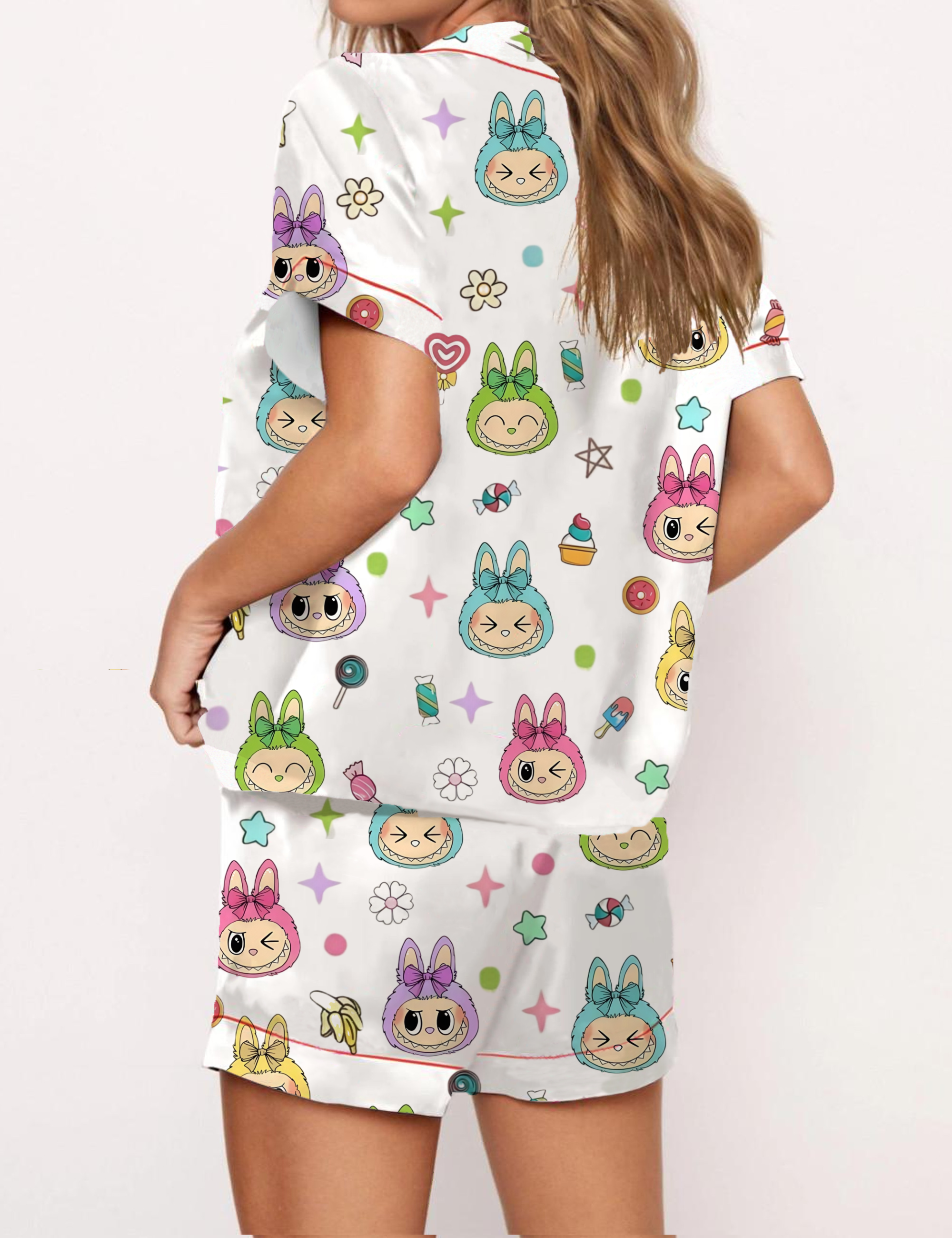 Trending Cute Monster Silky Satin Pajama Short Set For Women