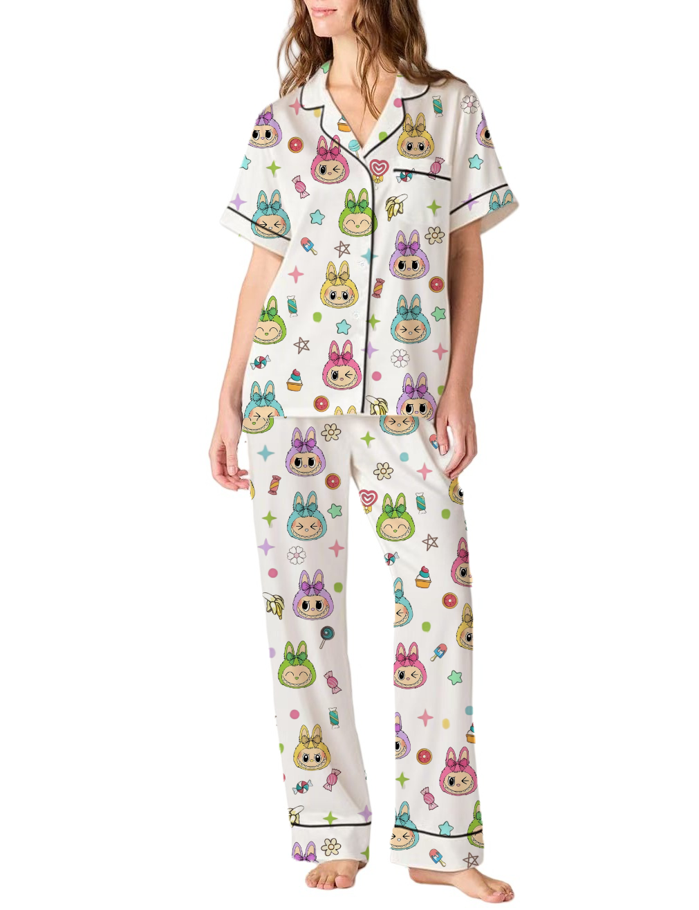 Trending Cute Monster Silky Satin Pajama Pants Set For Women