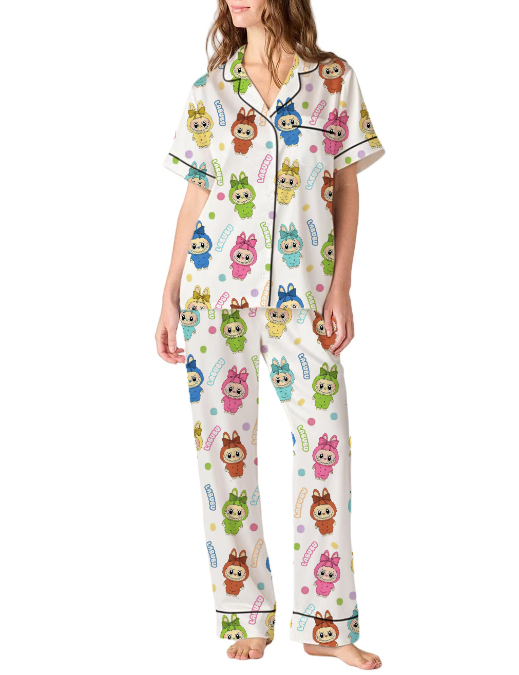 Trending Cute Monster Silky Satin Pajama Pants Set For Women