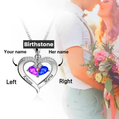 Personalized Forever Together Heart Pendant Necklace with Double Birthstones and Engraved Names Valentine's Day Gift for Women