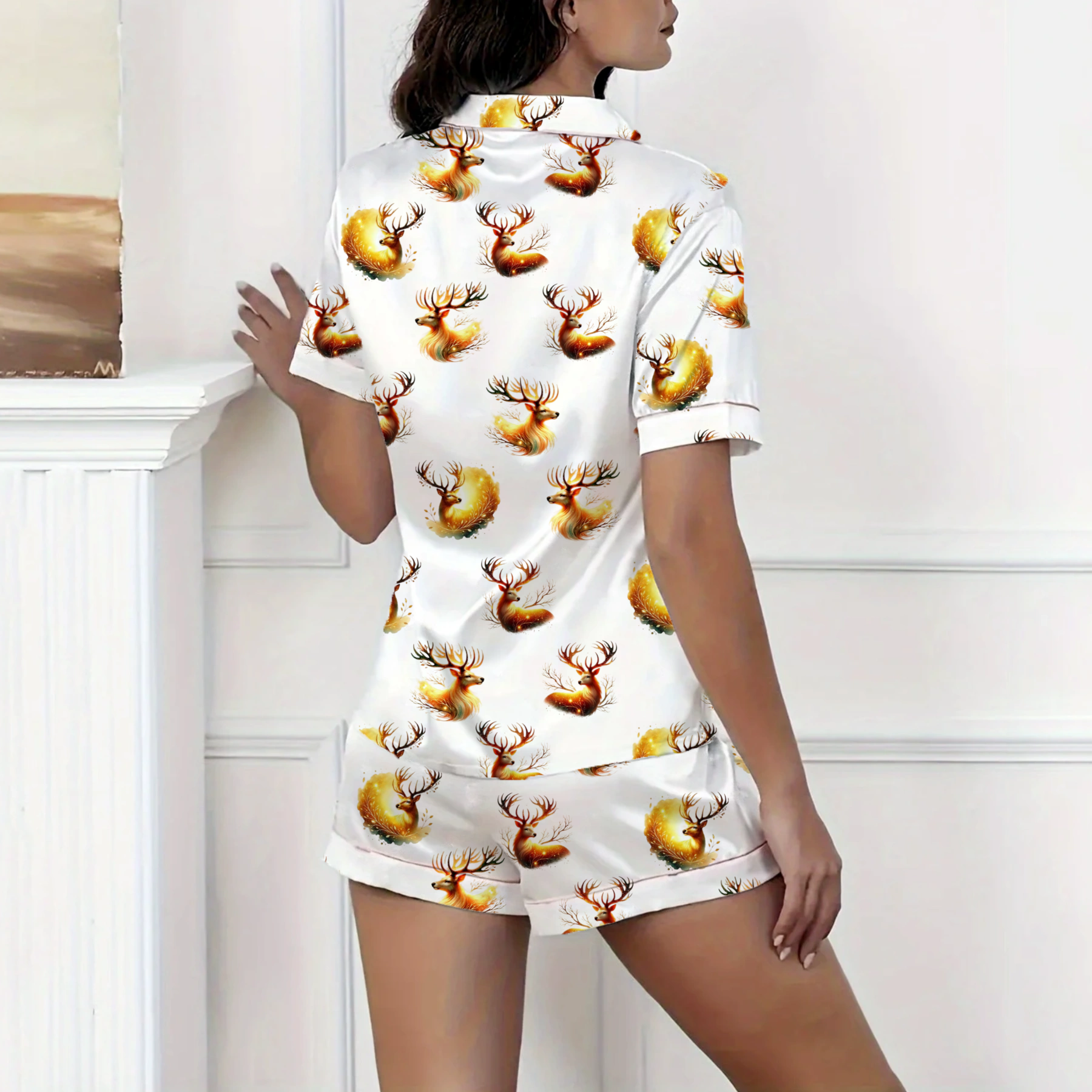 Dreamy Cartoon Deer Pattern Silky Satin Pajama Short Set For Women