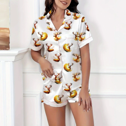 Dreamy Cartoon Deer Pattern Silky Satin Pajama Short Set For Women