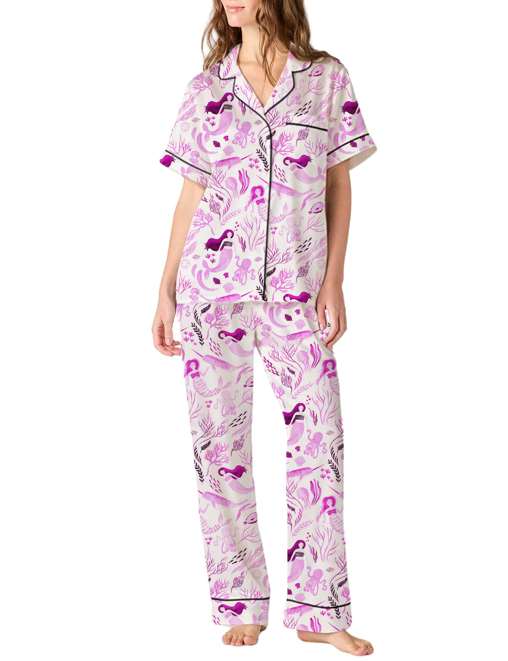 Mermaid Toile Satin Pajama Pants Set For Women